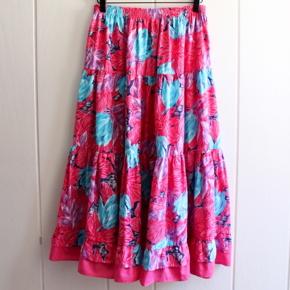 1970s Vintage Tropical Print Tiered Maxi Skirt